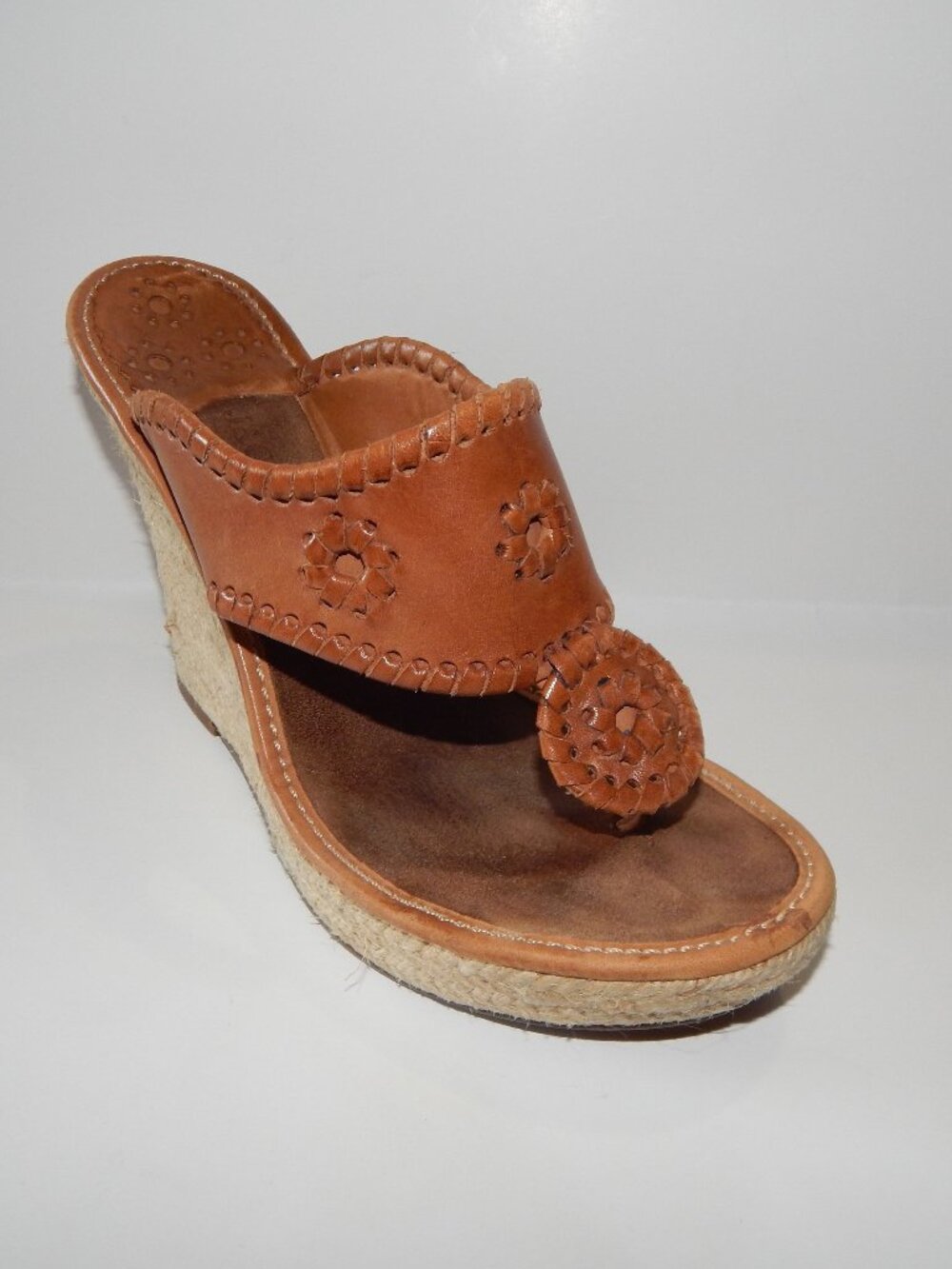 Jack Rogers Size 7M Tan Brown Leather Wedge Thong Sandals - 4.5" Heel